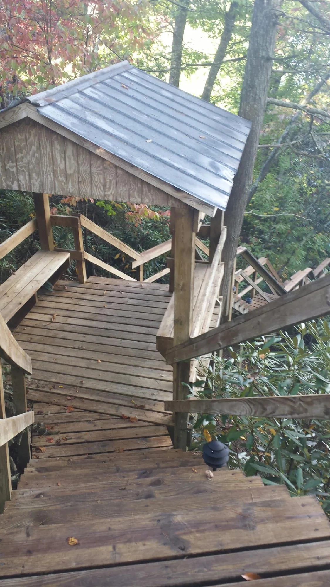 Metal roofed shelter over wooden steps on a wooded walkway — Skylight Repair & Installation work by our crew in Big Rock